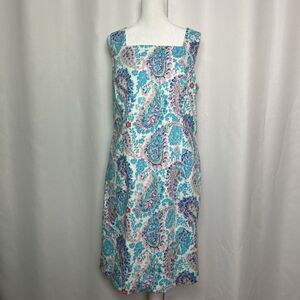 Talbots Dress Women's 14 Sheath Midi Paisley Floral Lined Sleeveless Blue White